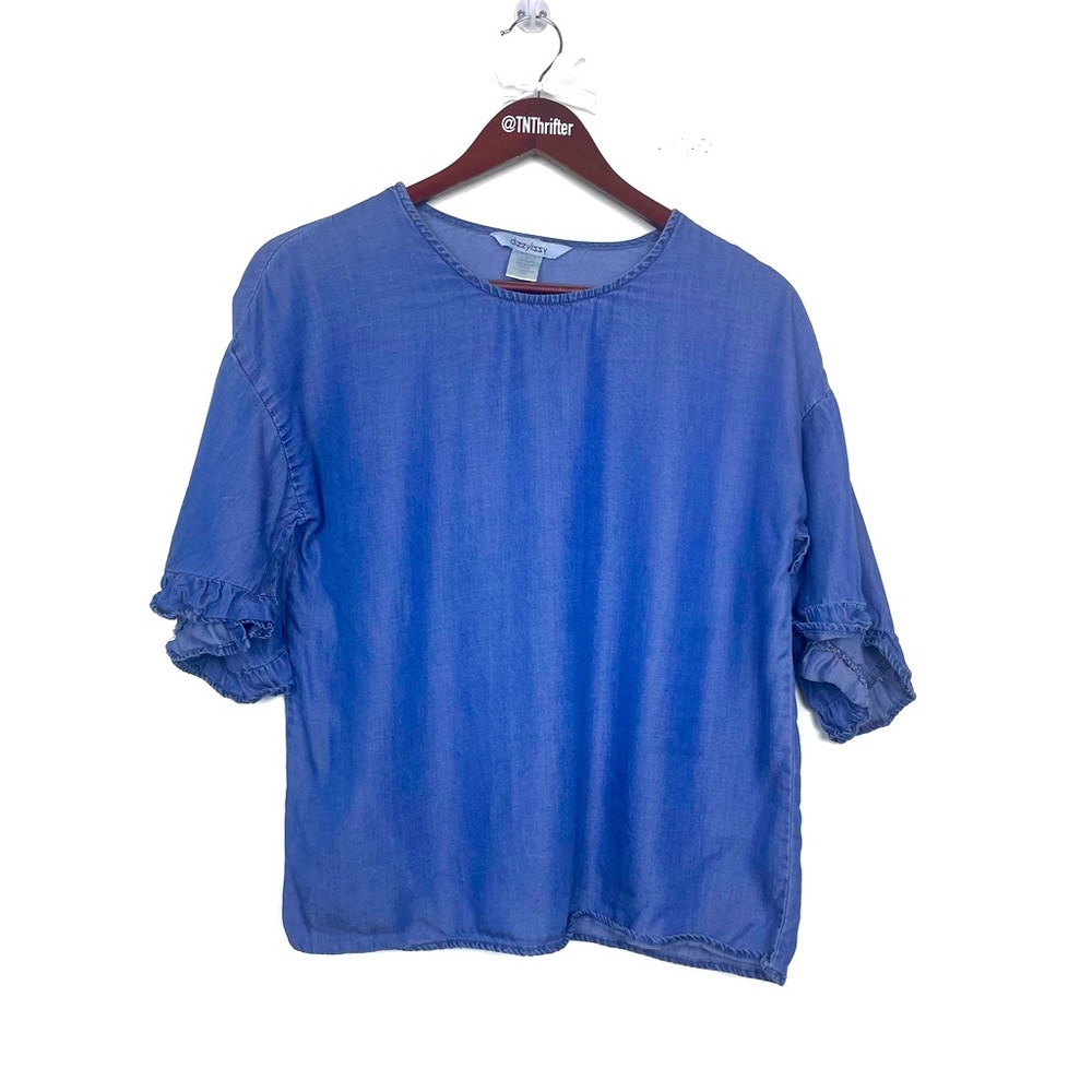 Dizzy Lizzy Womens Chambray Ruffle Split Sleeve Blouse Medium Blue Boho Normcore